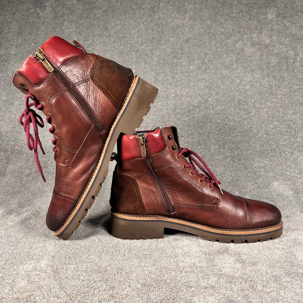 Pikolinos York Boots Brown Cognac Leather Burgundy Red Side Zip Mens 8 EU 41